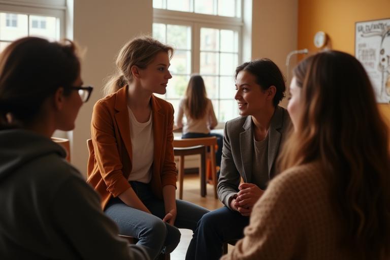 Group of students discussing intently in an acting studio