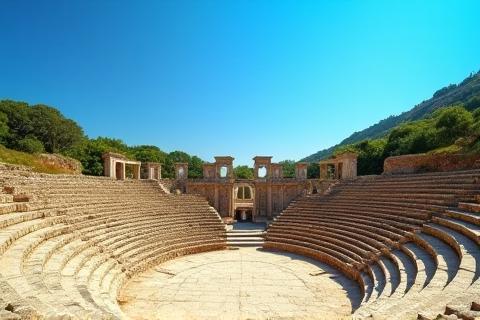 Ancient Greek amphitheater ruins under a clear sky, evoking the origins of theatre