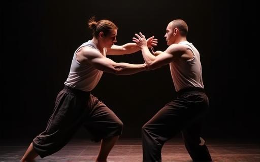 Two actors practicing a stage combat sequence